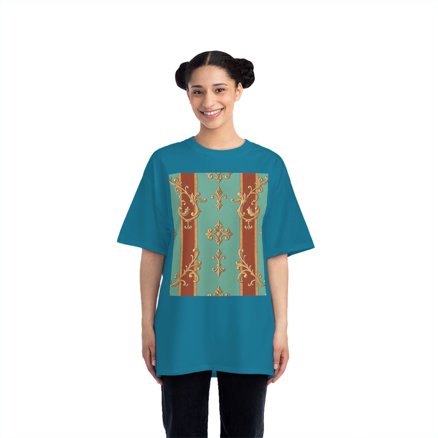 Elegant Vintage Patterned T-Shirt | Vintage Style Tee, Casual Wear, Retro Aesthetic - Rust & Mint Aqua Striped Baroque