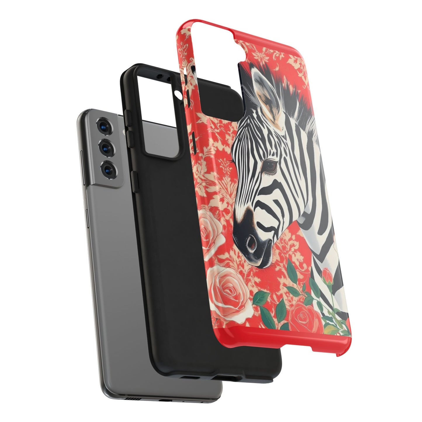 Zebra Tough Phone Case - Trendy Floral Design for Animal Lovers - Zebra With Coral Roses & Damask