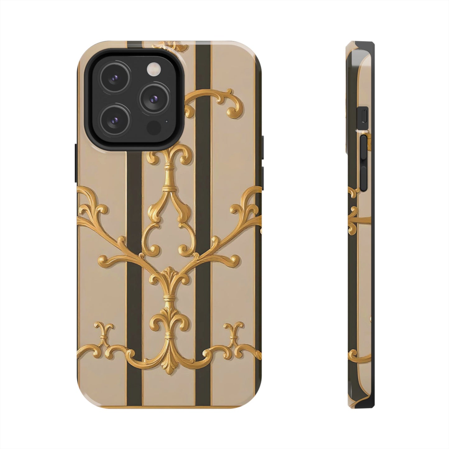 Elegant Vintage Tough Phone Case, Stylish Phone Cover, Boho Accessories, Perfect Gift for Her - Beige Striped Gold Rococo