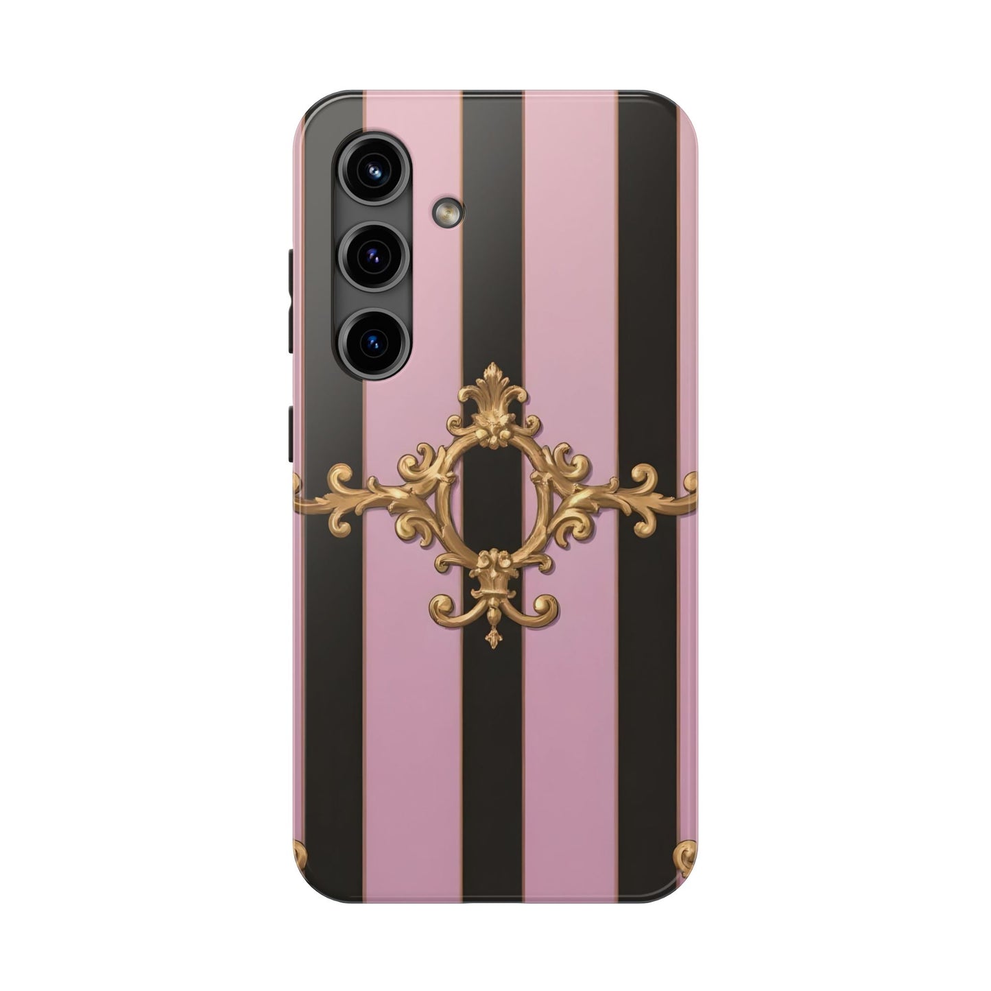 Stylish Tough Phone Case for Elegant Protection, Fashionable Accessories, Smartphone Cover - Matte Lavender & Black Striped Gold Baroque