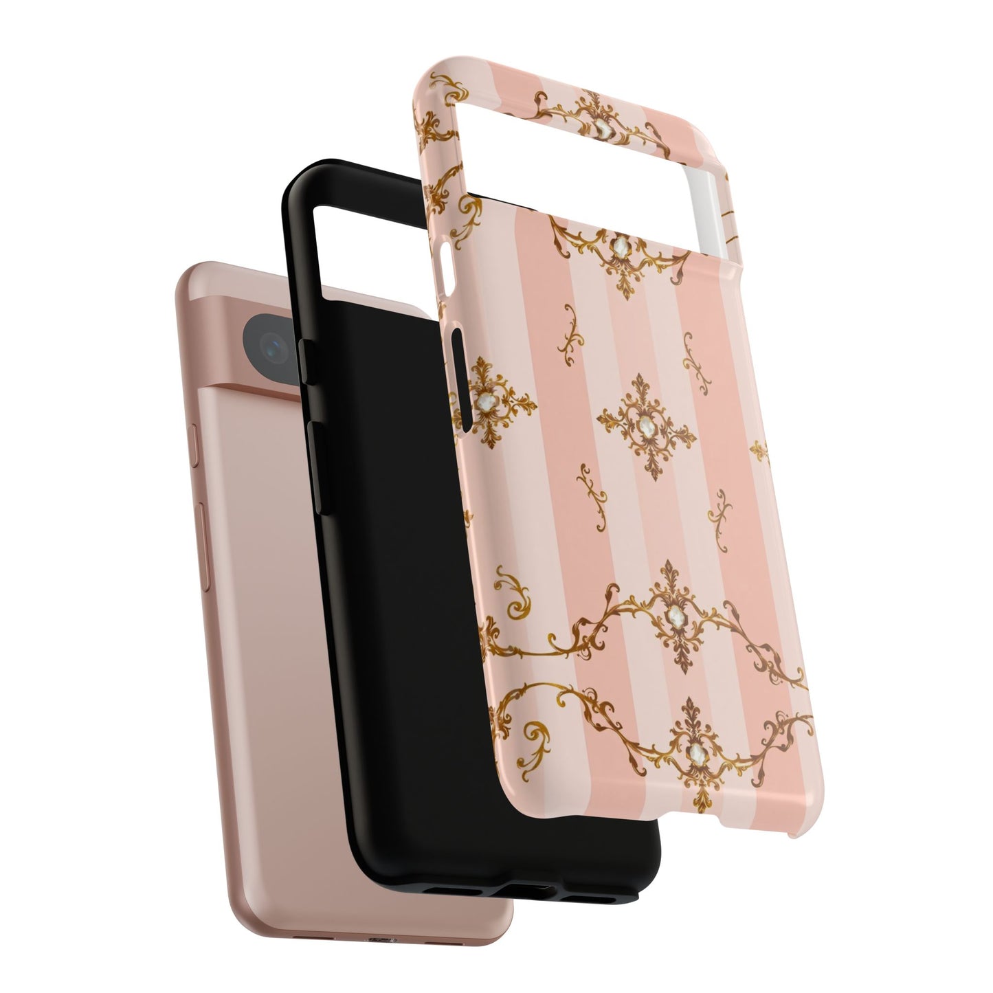 Elegant Floral Phone Case, Tough Cases for Women, Trendy Phone Cover, Chic Gift - Pink Jeweled Striped Gold Baroque