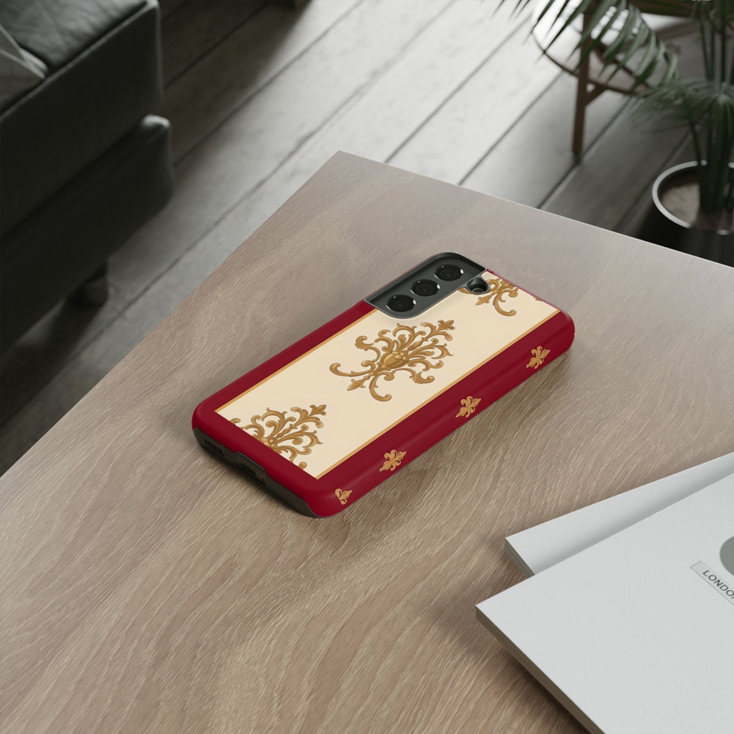 Elegant Floral Motif Phone Case - Tough Cases with Vintage Design - Dusk Red Striped Gold Damask