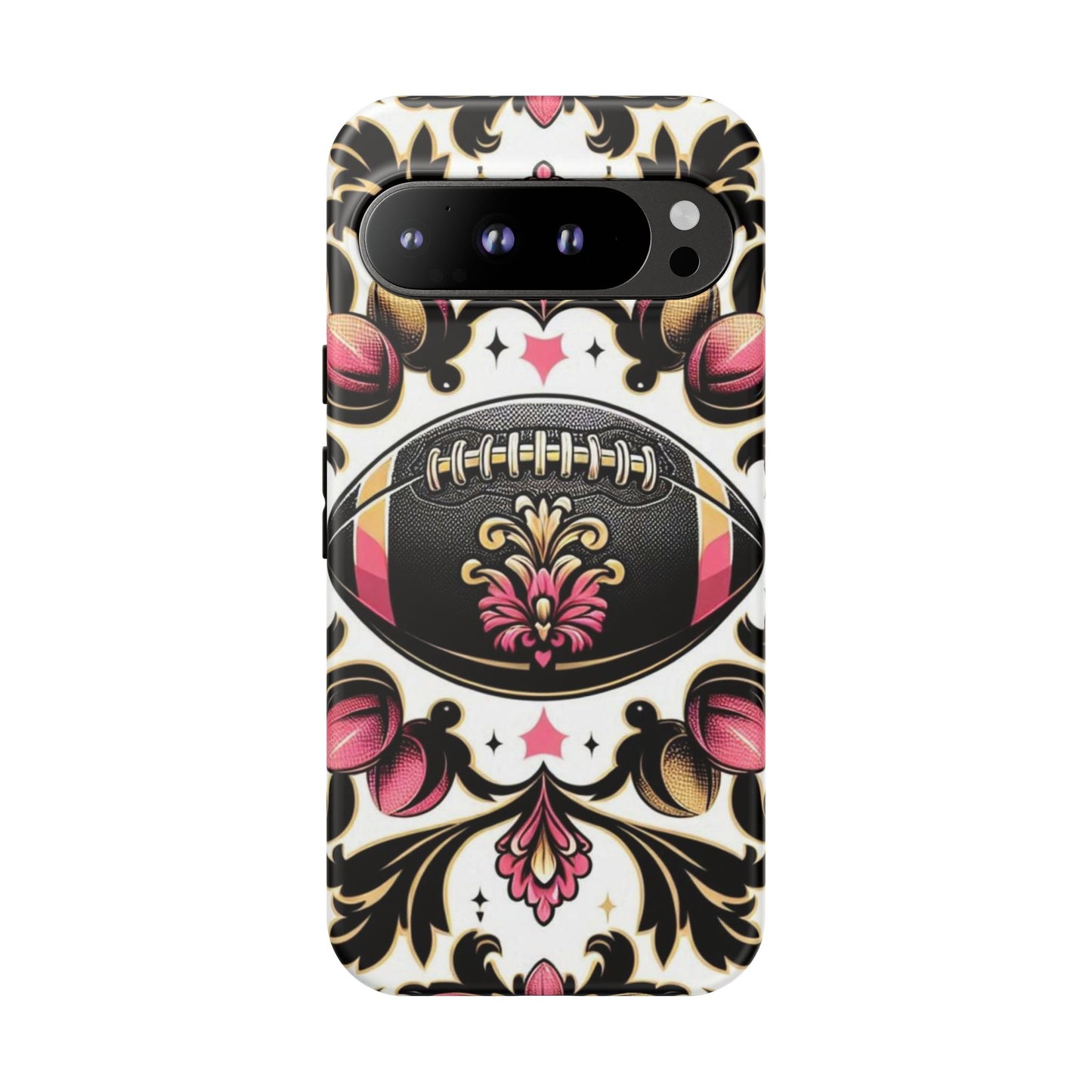 Elegant Floral Motif Phone Case - Tough Cases with Vintage Design - Damask White, Pink Gold & Black Football