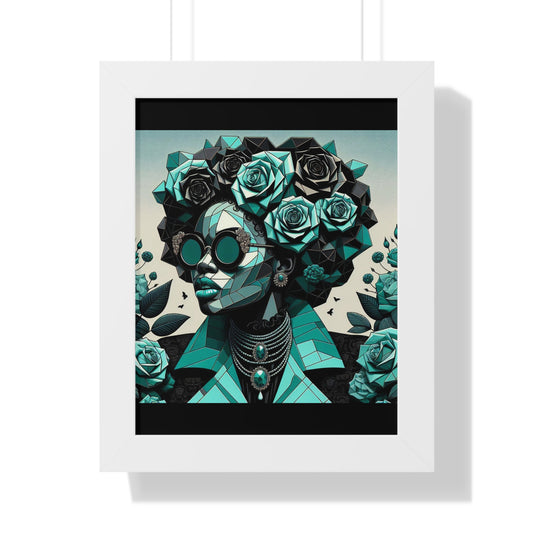 Framed Art Poster, Bohemian Home Decor, Wall Art for Living Room, Gift for Art Lovers, Unique Framed Wall Decor - Turquoise & Black Roses Lady
