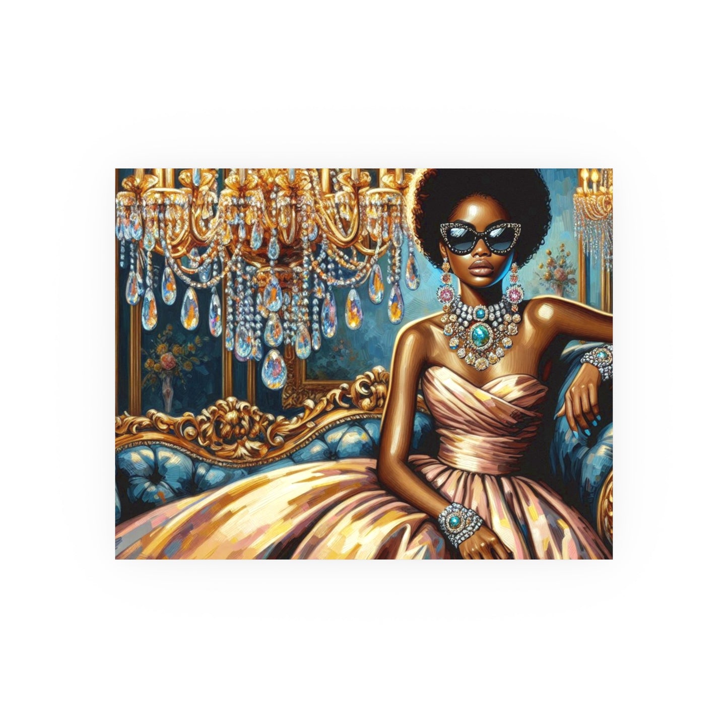 Elegant Glamour Satin Poster, Wall Art Decor, Modern Home Gallery, Gift for Art Lovers, Chic Interior Decoration - Elegant Lady & Chandelier