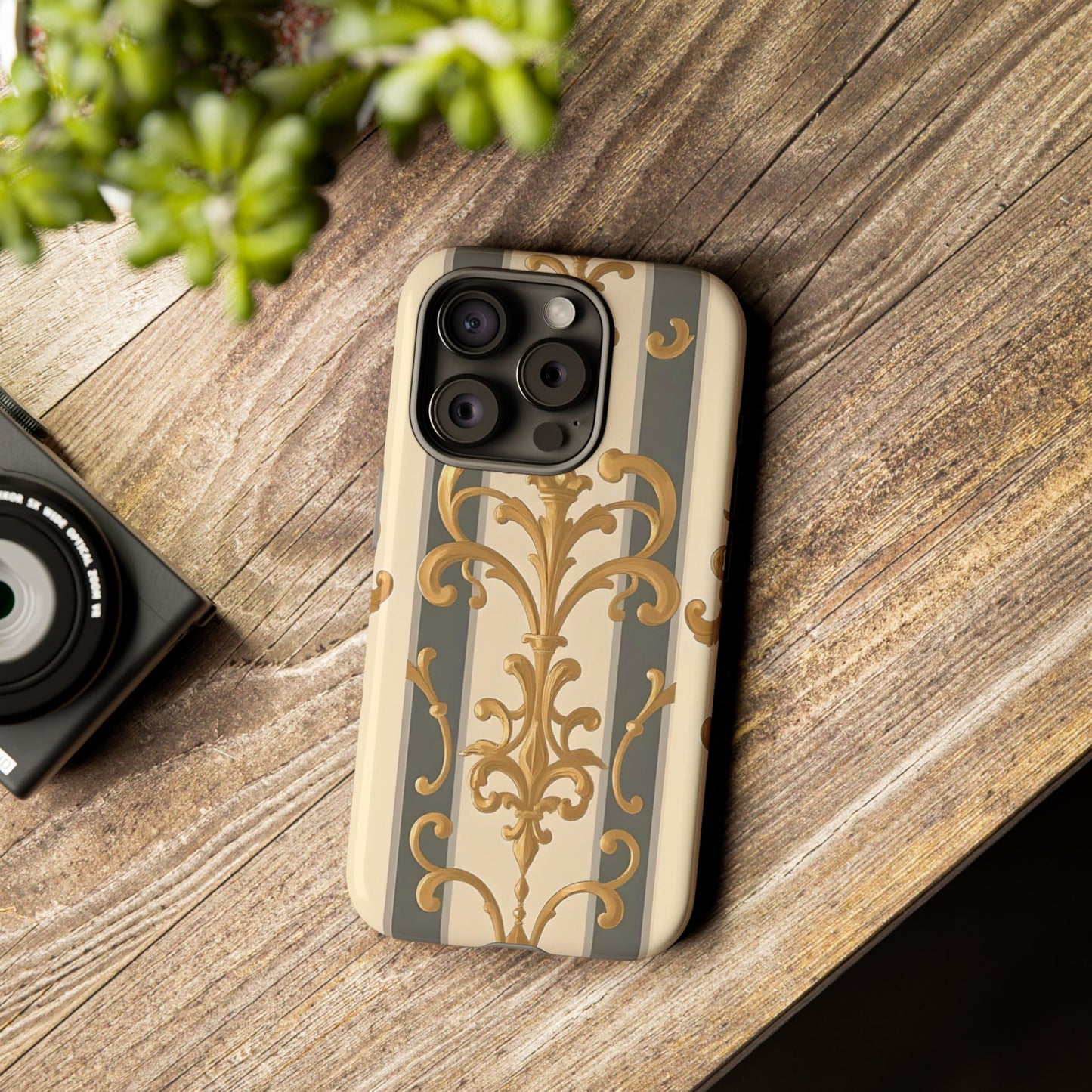 Elegant Floral Motif Phone Case - Tough Cases with Vintage Design - Dusk Olive Striped Gold Damask