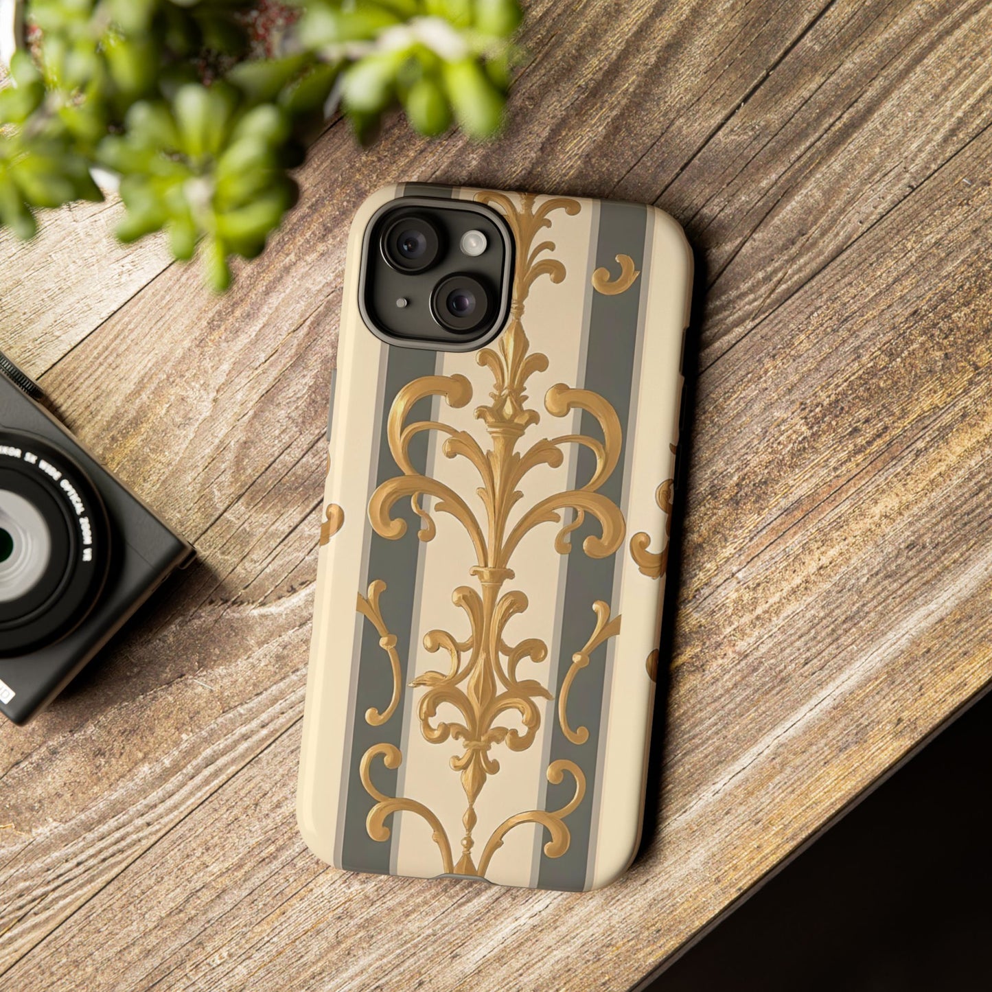 Elegant Floral Motif Phone Case - Tough Cases with Vintage Design - Dusk Olive Striped Gold Damask