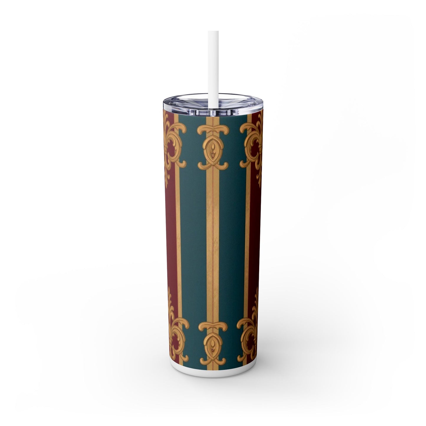 Elegant Vintage Skinny Tumbler with Straw, 20oz | Gold & Burgundy Design | Travel Mug, Gift for Her - Burgundy Striped Gold Baroque