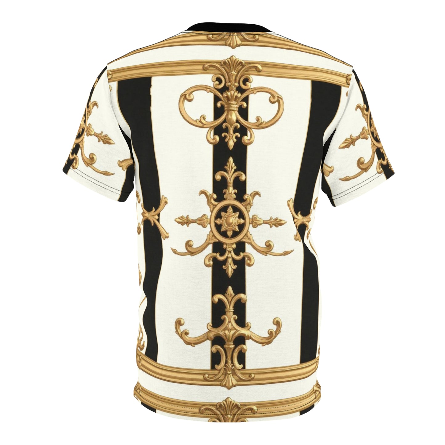 Elegant Baroque Unisex Cut & Sew Tee | Stylish AOP Top, Fashion Statement, Unique Gift, Casual Wear - Black & White Striped Gold Baroque