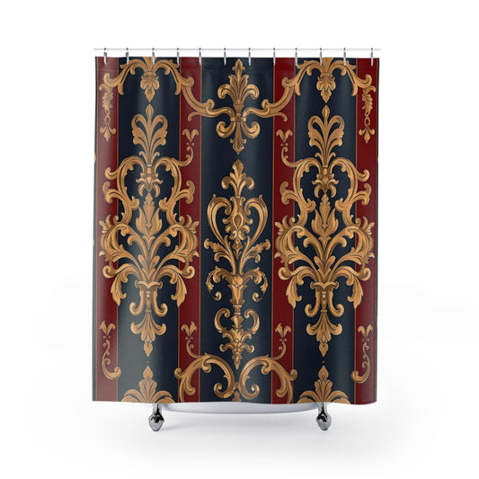 Elegant Vintage Floral Shower Curtain - Luxurious Home Décor for Classy Bathrooms - Midnight Blue & Dusk Red Damask