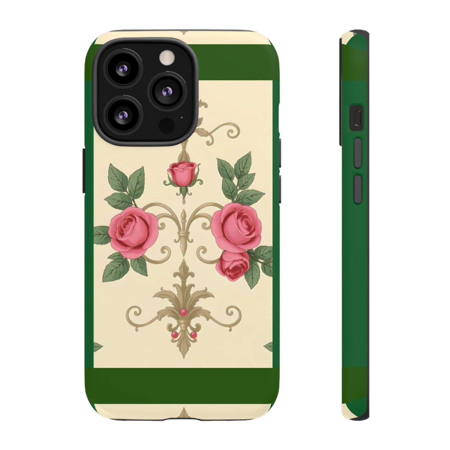 Elegant Floral Motif Phone Case - Tough Cases with Vintage Design - Green Border Roses & Damask