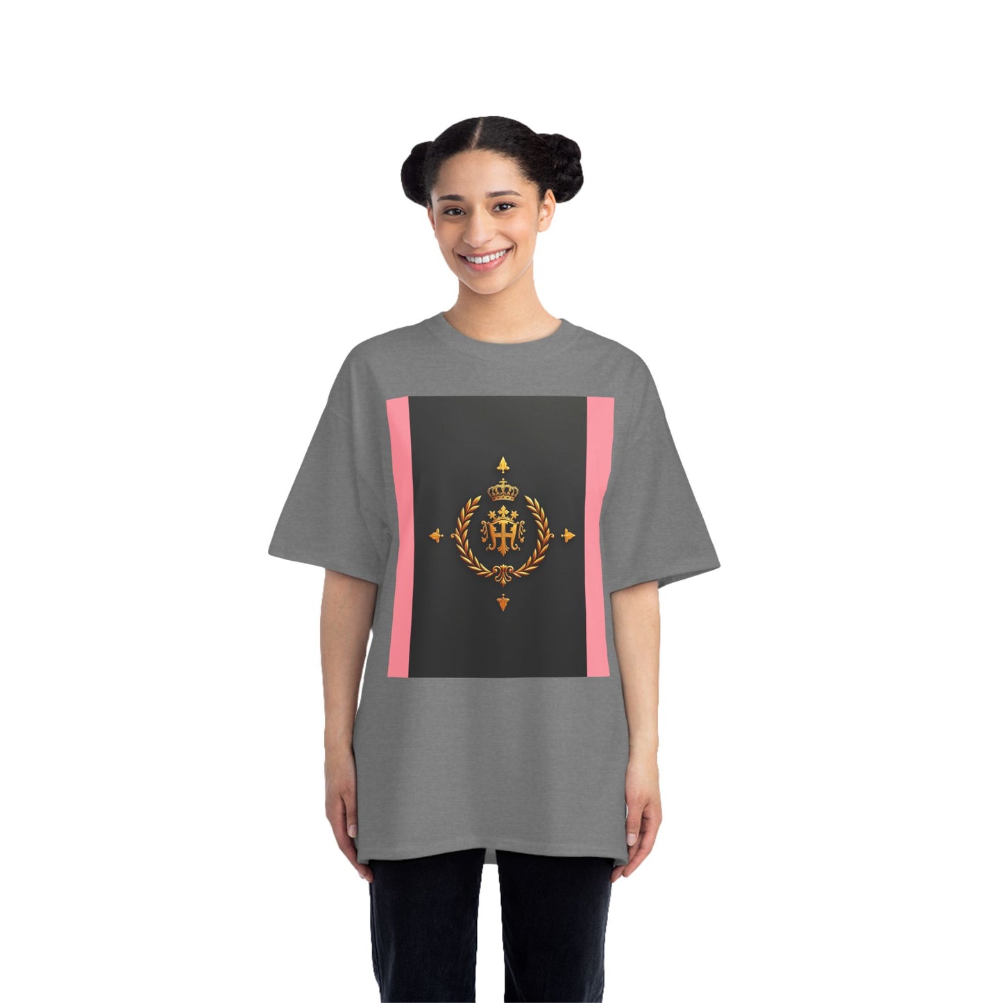 Short-Sleeve Graphic T-Shirt, Stylish Casual Wear, Trendy Gift for Friends, Summer Fashion, Statement Tee, Everyday Comfort - Pink Striped Gold Crest