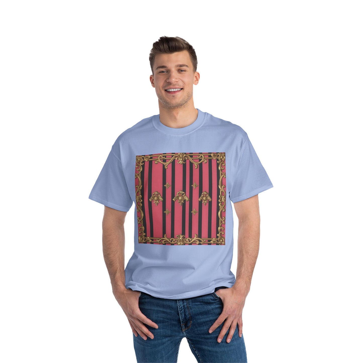 Elegant Baroque Short-Sleeve T-Shirt - Artistic Fashion, Graphics Tee, Unique Gift, Stylish Apparel, Casual Wear - Pink Striped Gold Rococo