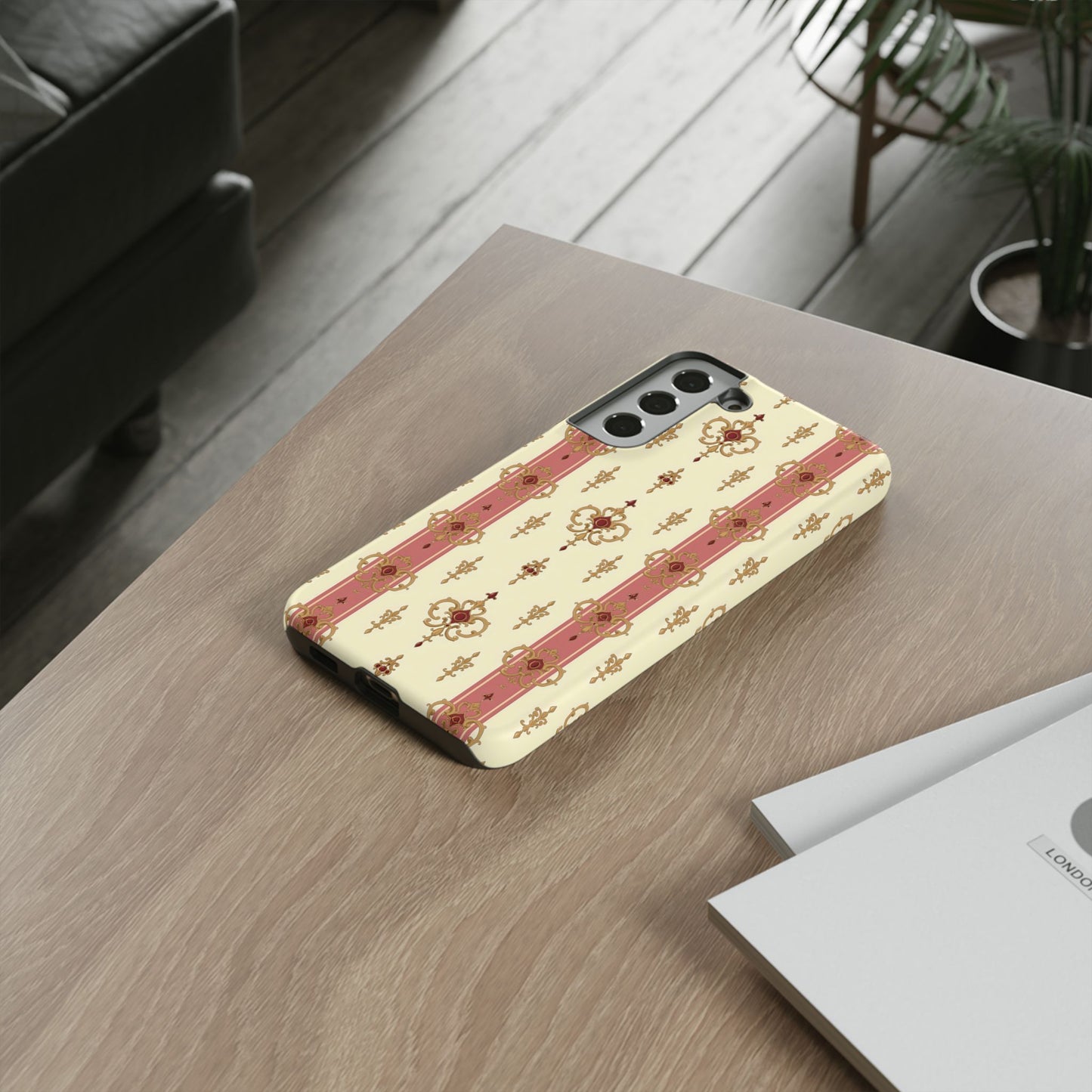 Elegant Floral Motif Phone Case - Tough Cases with Vintage Design - Mauve Striped Gold Damask