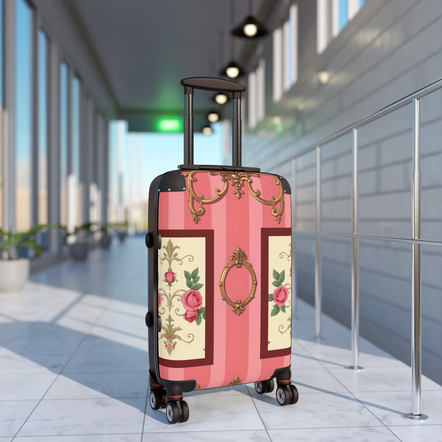 Vintage Floral Design Suitcase | Stylish Travel Luggage for Fashion Lovers - Pink Striped Baroque & Roses