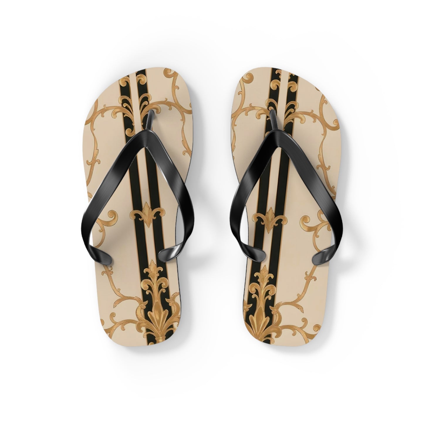 Chic Floral Flip Flops | Stylish Summer Sandals for Beach, Pool, Vacation, Travel, Fun In The Sun - Black & Beige Striped Damask