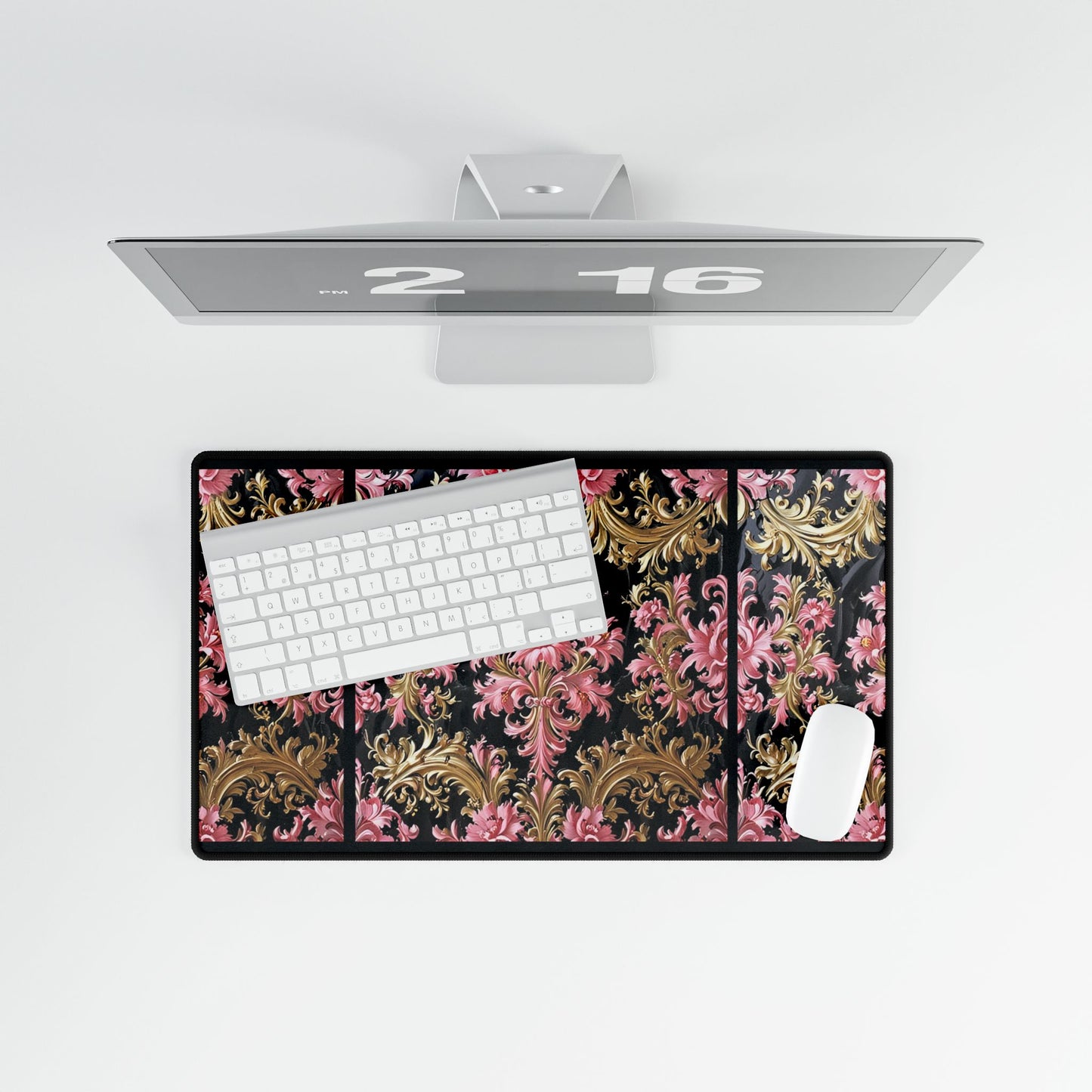 Elegant Floral Desk Mat, Office Decor, Home Office Accessories, Gift for Her, Desk Organizer - Black & Pink Oil Painting Style Rococo