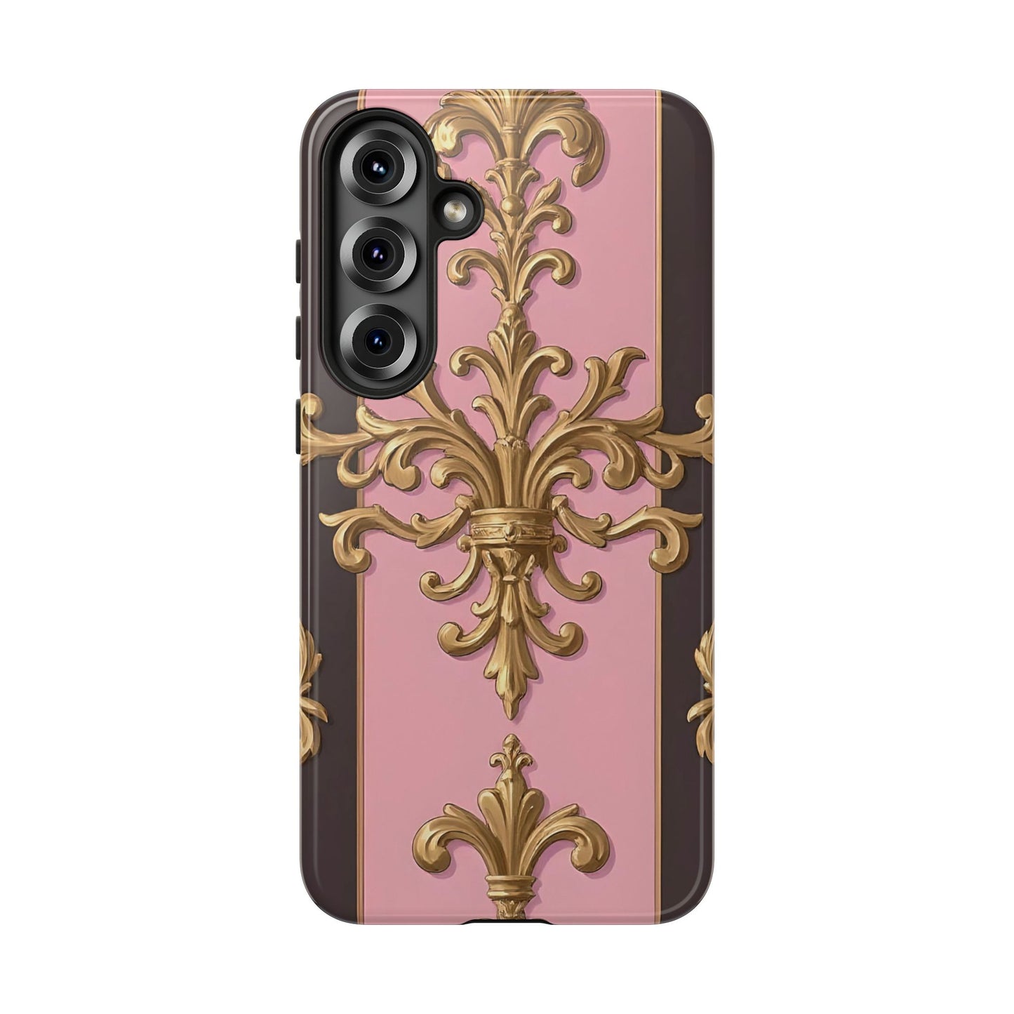 Elegant Floral Motif Phone Case - Tough Cases with Vintage Design - Pink & Brown Striped Gold Damask