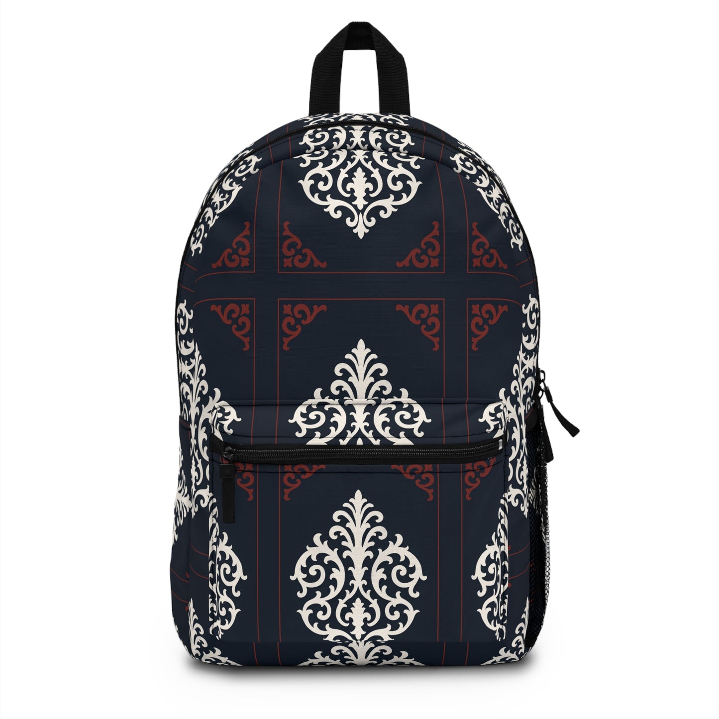 Dusk Blue-Maroon & White Baroque Pattern Backpack — Elegant Dusk Blue & White Vintage Baroque School Bag