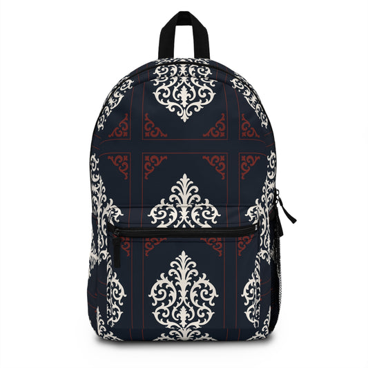 Dusk Blue-Maroon & White Baroque Pattern Backpack — Elegant Dusk Blue & White Vintage Baroque School Bag