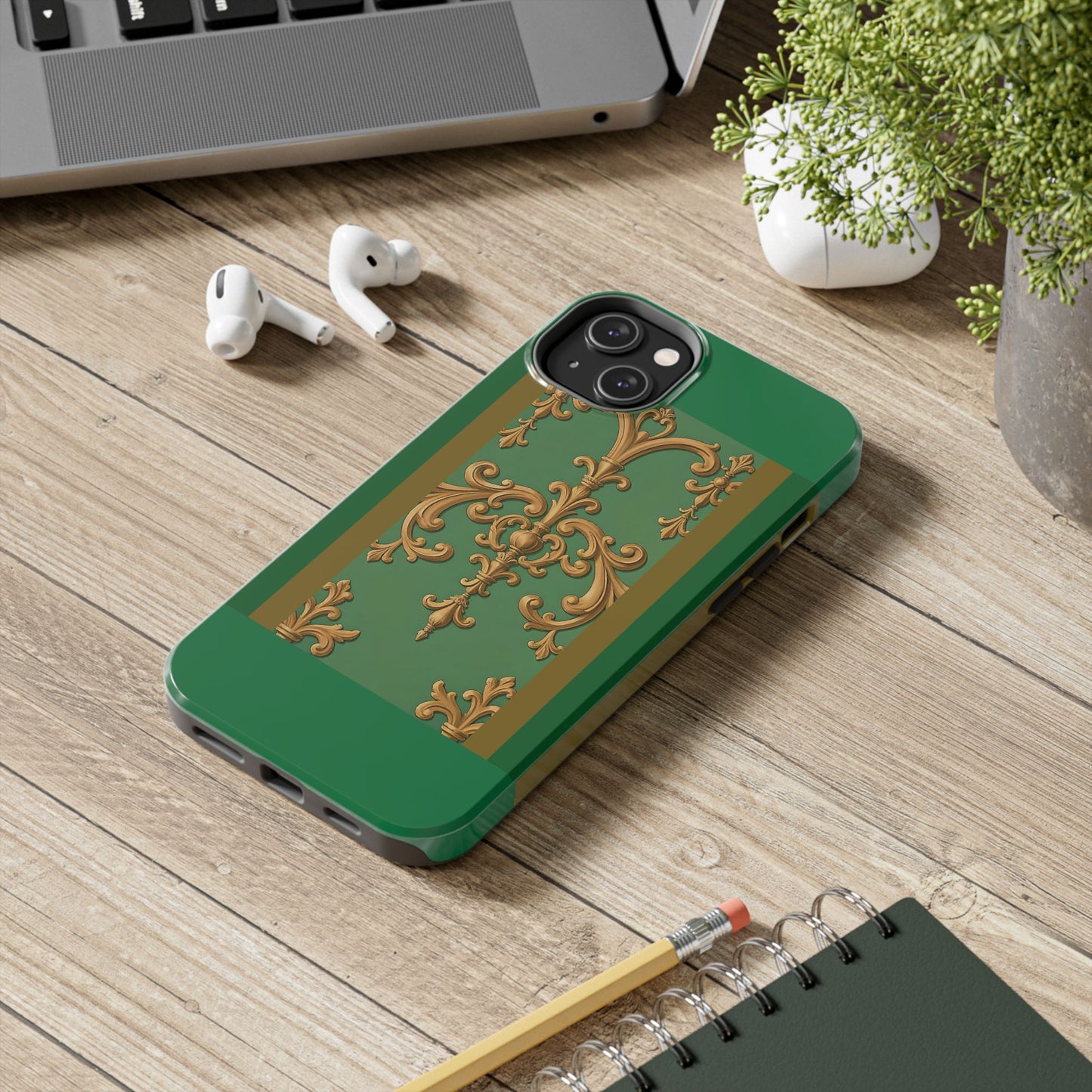 Elegant Floral Tough Phone Case, Durable Phone Cover, Gifts for Her, Stylish Protection, Chic Phone Accessory - Olive Green Striped Rococo