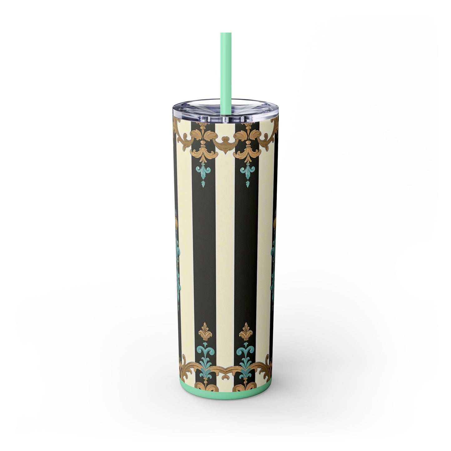 Elegant Stripe Skinny Tumbler | 20oz | Ideal Gift for Home, Office, Travel, Party, or Everyday Use - Black Striped Turquoise & Black Rococo