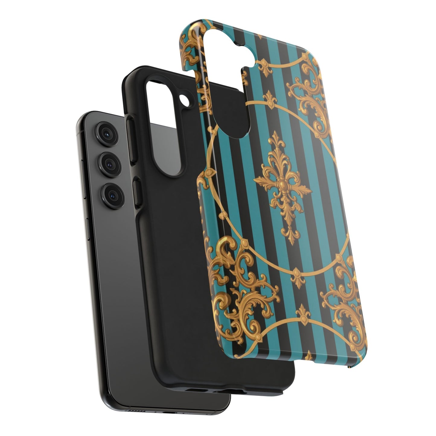 Elegant Turquoise & Black Striped Gold Baroque Phone Case, Tough Phone Cases for Fashion Lovers, Gift for Her, Luxury Accessories