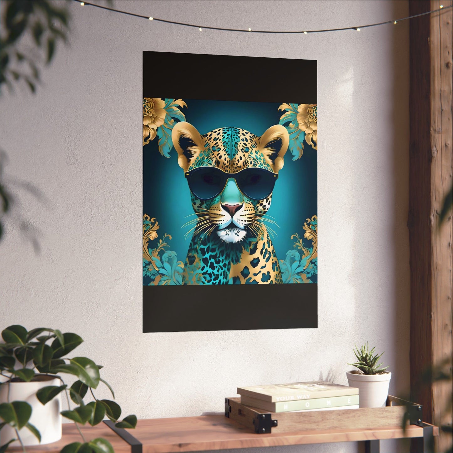 Vertical Wall Poster - Floral Motif Art - Aqua & Gold Leopard in Sunglasses