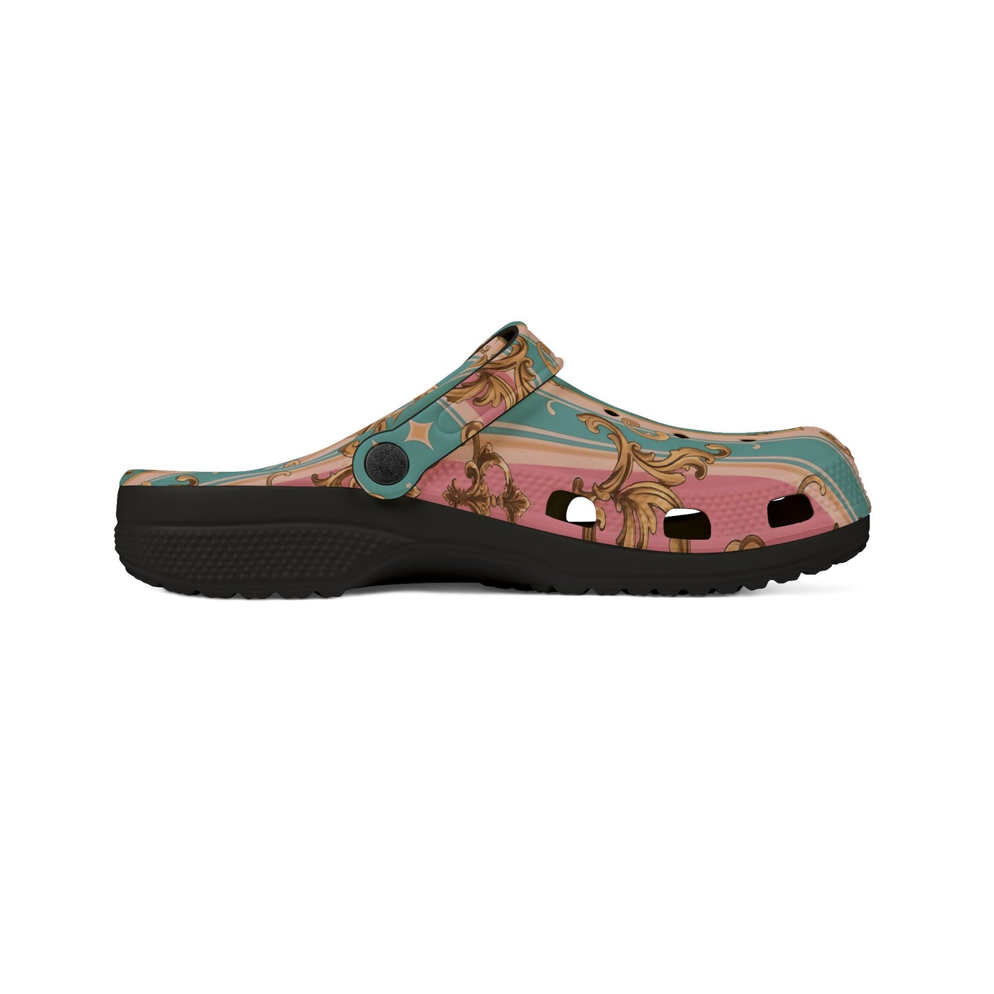 Fashionable AOP EVA Foam Rubber Shoes, Trendy Comfort Footwear, Perfect for Home - Pink & Matte Turquoise Striped Rococo