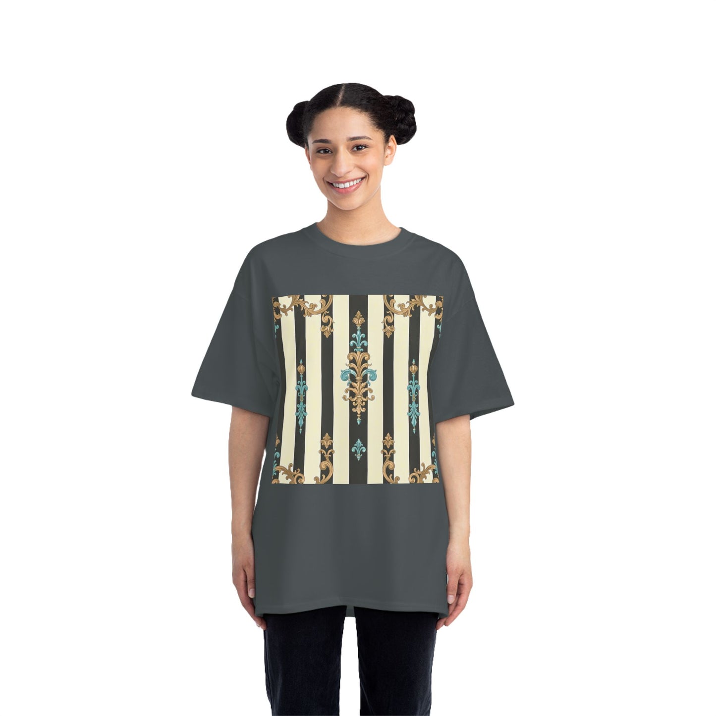 Elegant Floral Pattern Tee, Vintage Style T-Shirt, Gift for Her, Casual Outfit - Black Striped Turquoise & Black Rococo