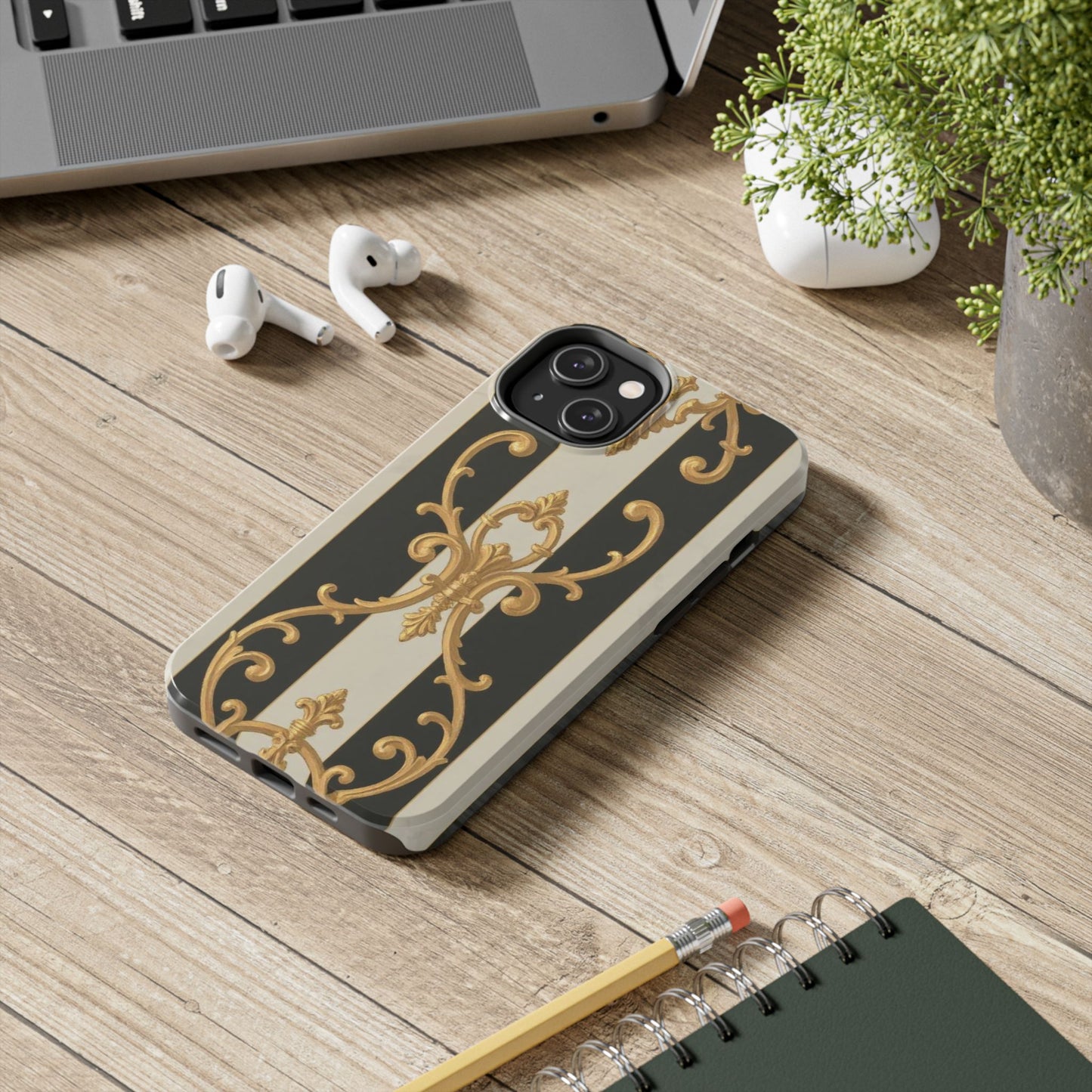 Elegant Black & Alabaster Striped Baroque Tough Phone Cases - Chic Protection, Black Gold Decor, Stylish Accessory, Gift for Her, Trendy Tech