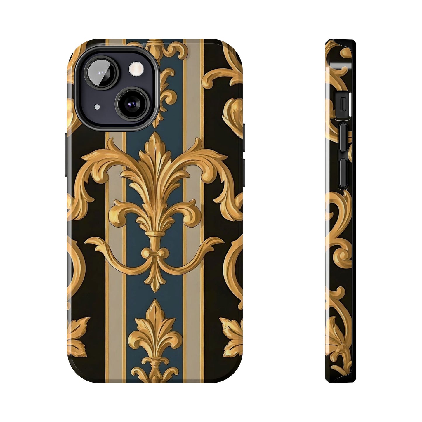 Elegant Rococo Phone Cases, Tough iPhone Case, Floral Design Case, Luxury Phone Cover - Blue & Black Striped Rococo