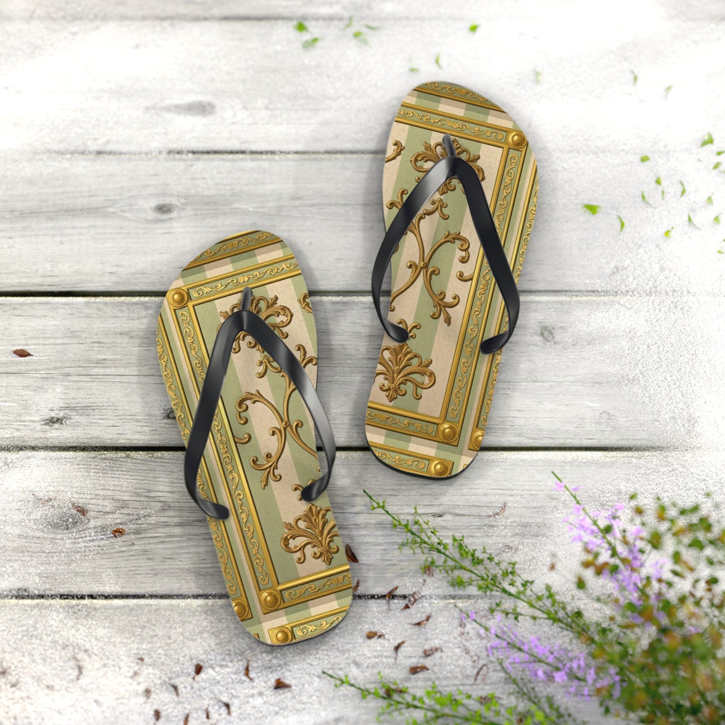Elegant Floral Flip Flops for Summer, Beach Footwear, Stylish Sandals, Vacation Essentials, Outdoor Slip-On Shoes - Mint & Beige Striped Gold Baroque