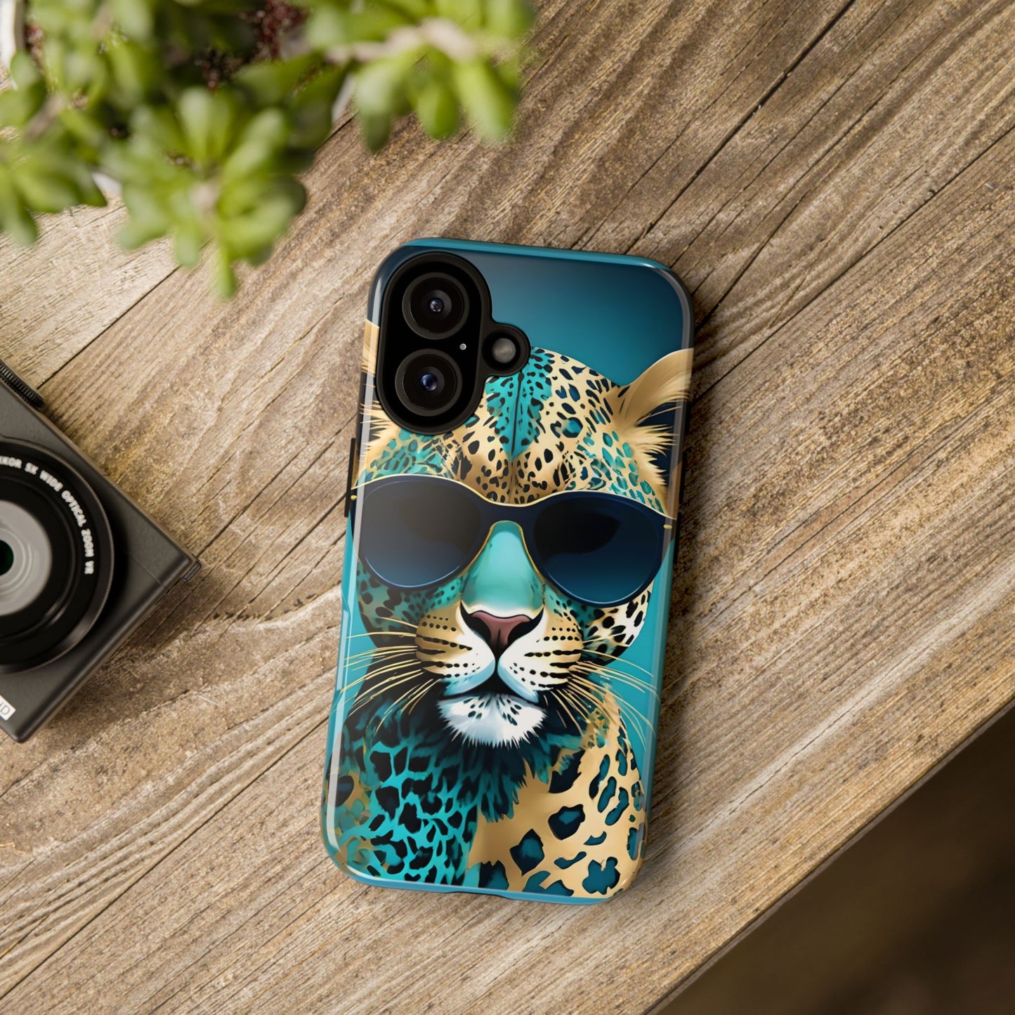 Phone Case - Aqua & Gold Leopard In Sunglasses Design
