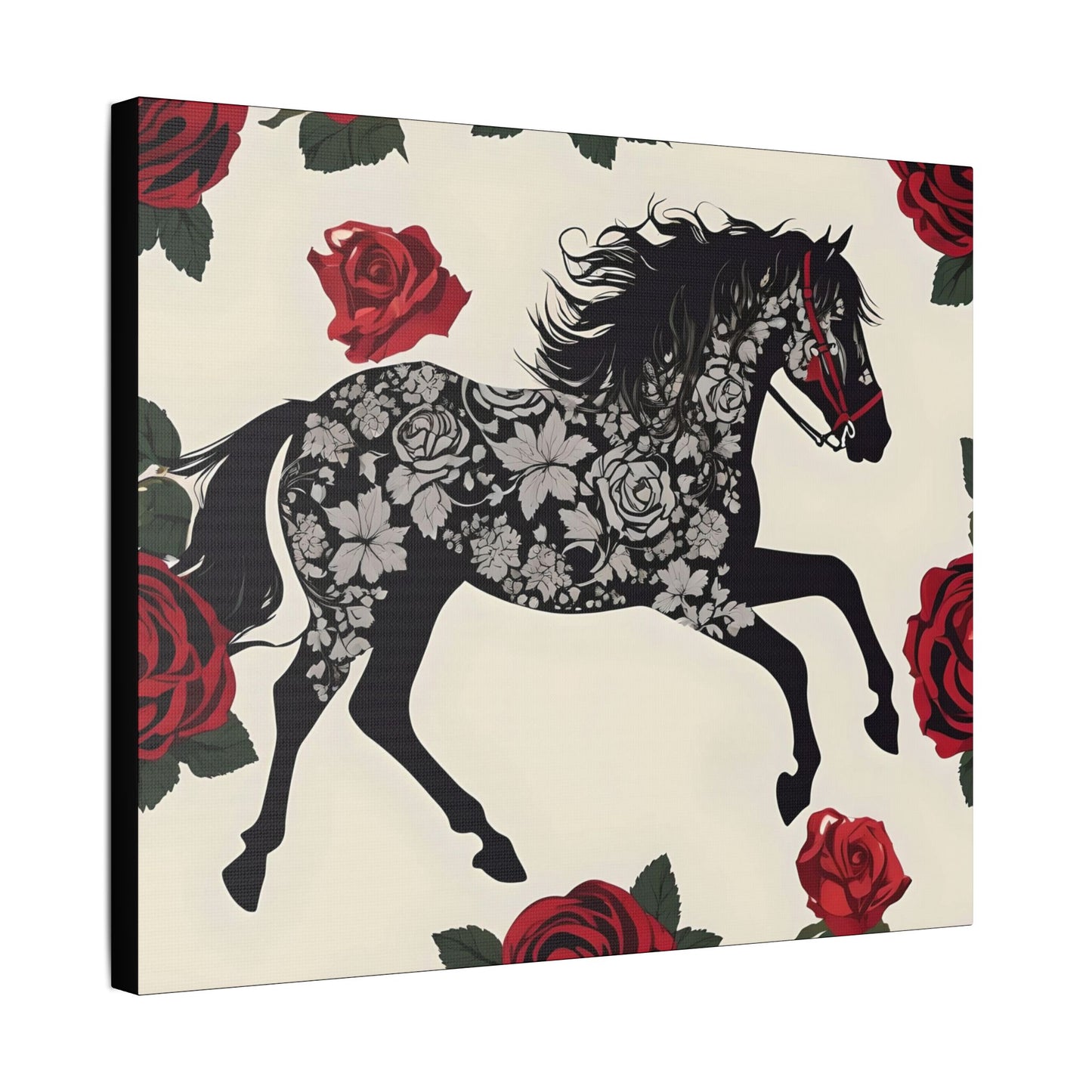 Art Print Canvas, Wall Decor, Satin Stretched Canvas, Equestrian Art, Office Decor, Home Decor - Horse & Roses