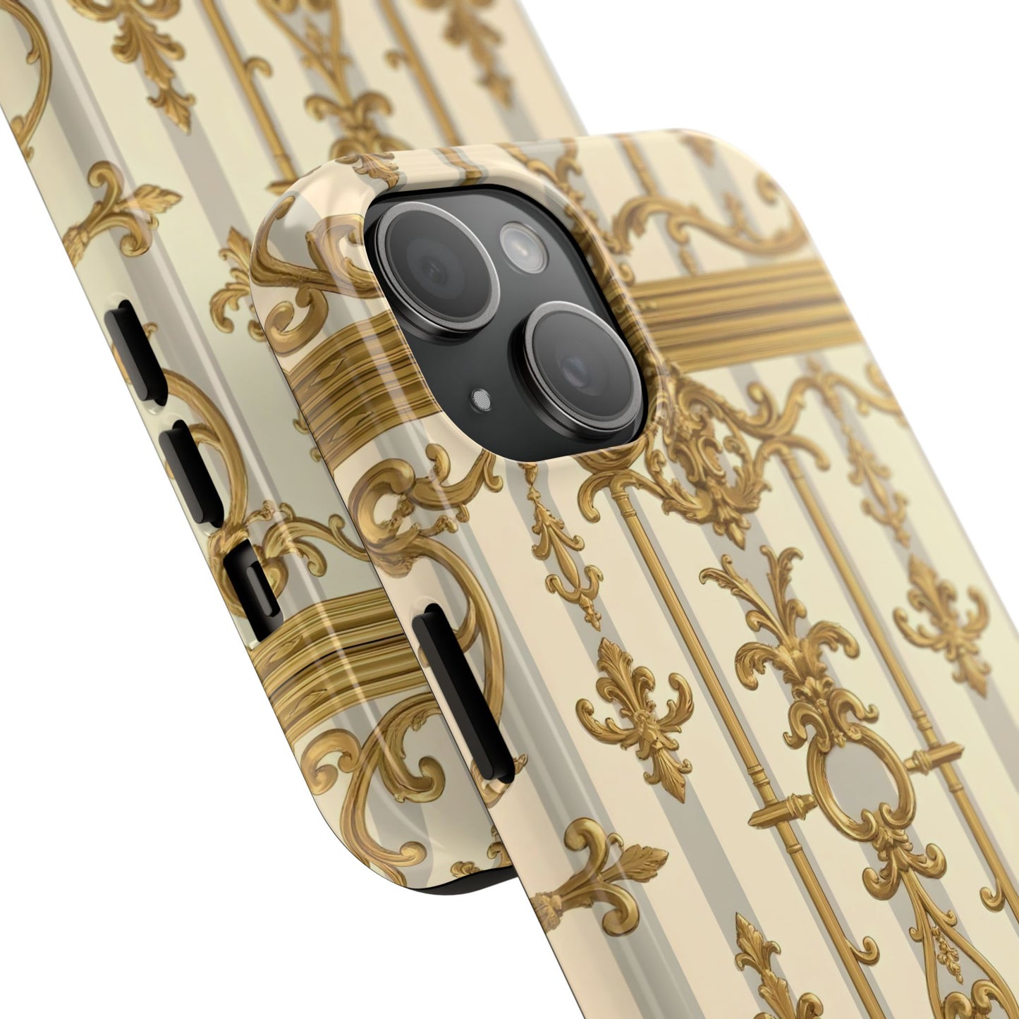 Elegant Gold Pattern Tough Phone Cases | Stylish Phone Covers, Trendy Cell Phone Accessories - Matte Gray & Cream Striped Gold Baroque