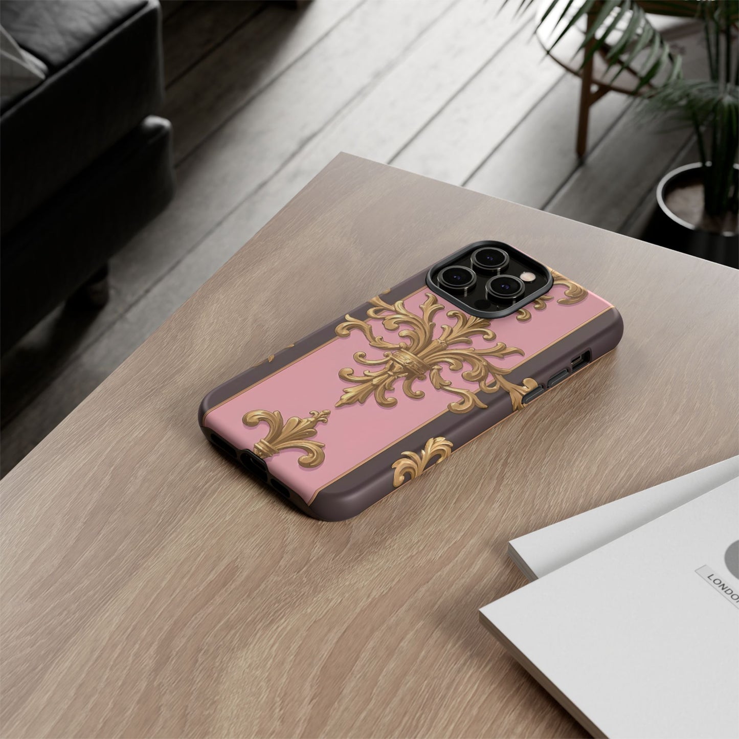 Elegant Floral Motif Phone Case - Tough Cases with Vintage Design - Pink & Brown Striped Gold Damask