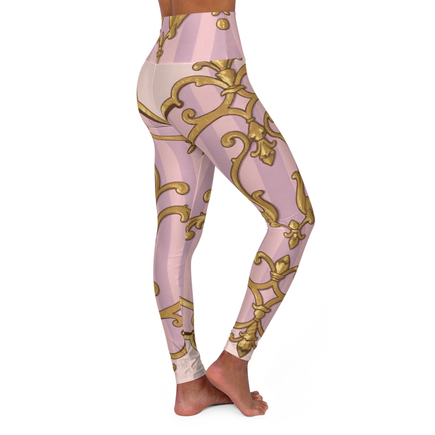 Elegant Lavender & Alabaster Striped Gold Baroque High Waisted Yoga Leggings, Workout Leggings, Fitness Wear, Athleisure, Gift for Her