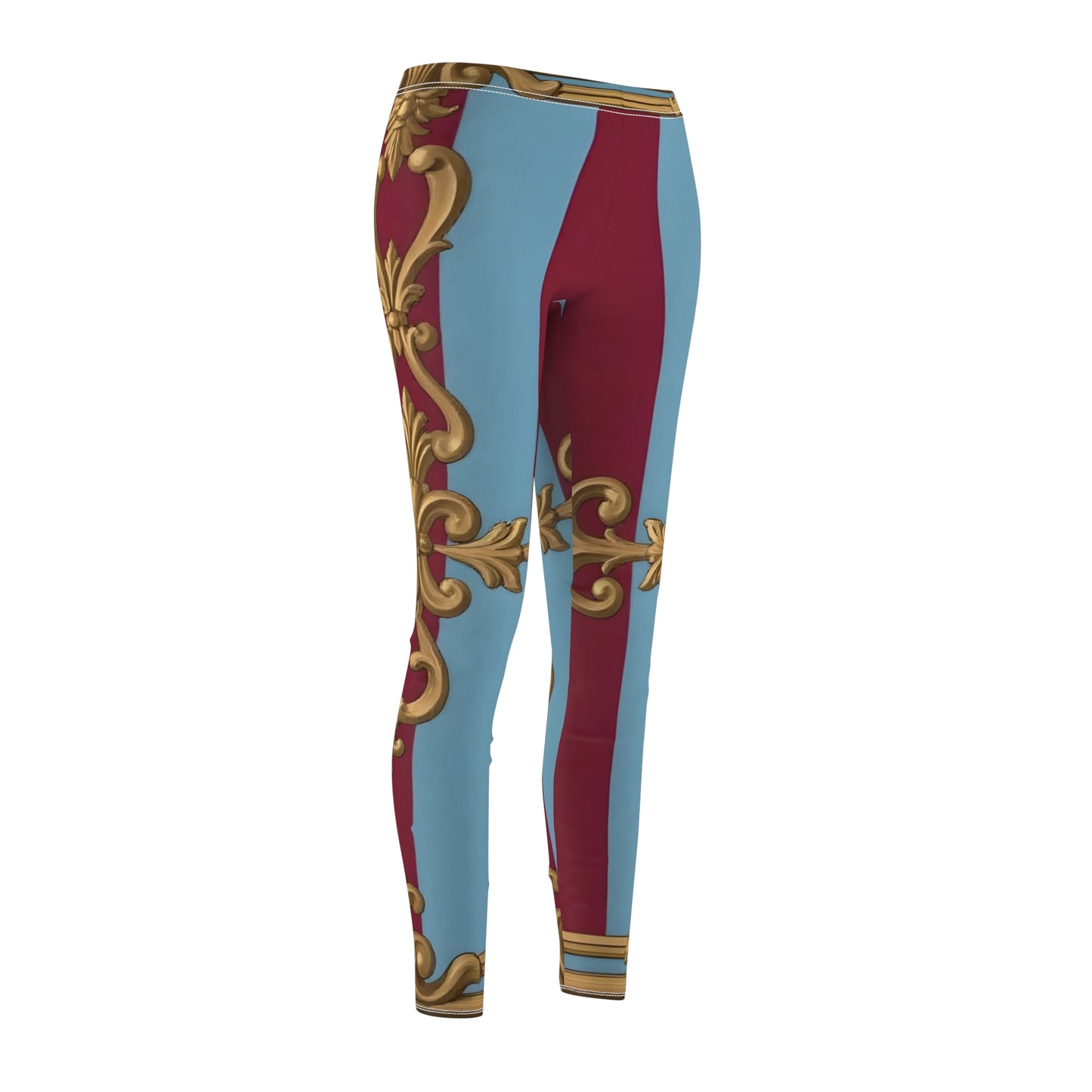 Women's Baroque Print Leggings, Stylish Activewear, Yoga Pants, Casual Wear, Gift for Her - Sky Blue & Maroon Striped Baroque