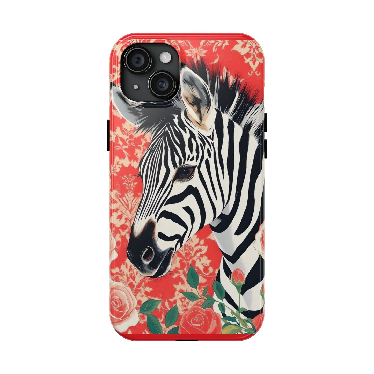 Zebra Tough Phone Case - Trendy Floral Design for Animal Lovers - Zebra With Coral Roses & Damask