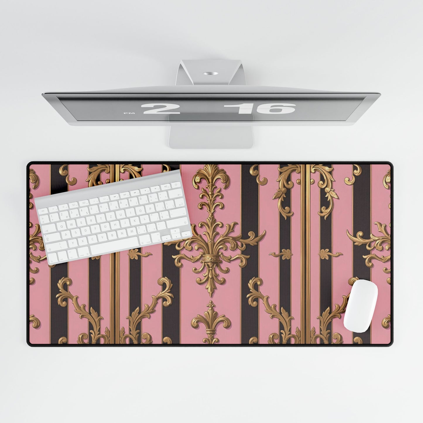 Elegant Floral Motif Desk Mat for Home Office Decor - Pink & Brown Striped Gold Damask