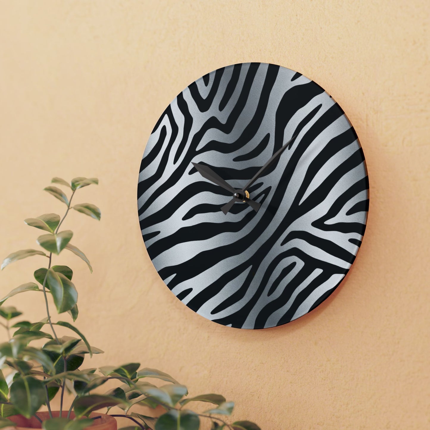 Stylish Zebra Print Acrylic Wall Clock - Modern Home Decor Accent - Silver