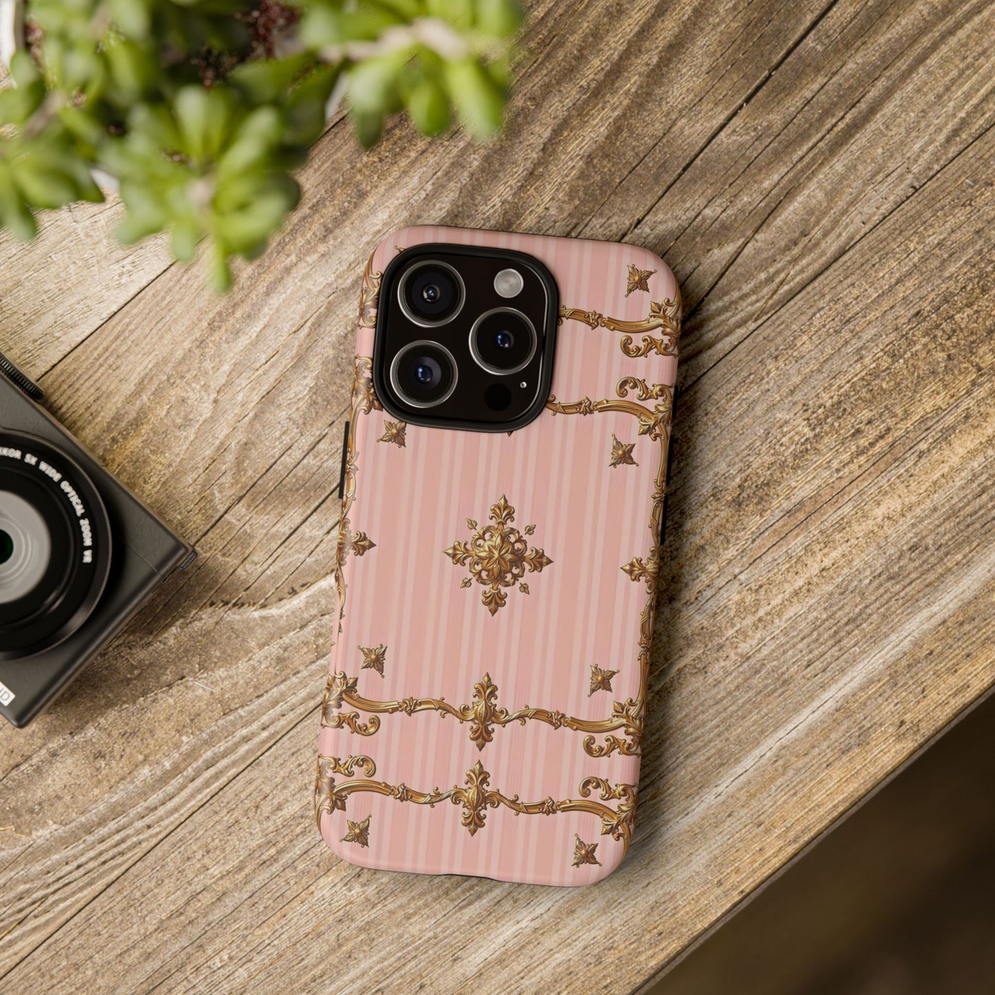Elegant Floral Phone Case, Tough Cases for Women, Trendy Phone Cover, Chic Gift - Pink Striped Gold Baroque