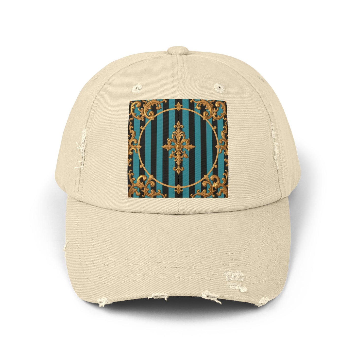 Turquoise & Black Striped Gold Baroque Distressed Cap with Elegant Design, Fashion Accessory for Everyday Wear, Perfect for Festivals, Gifts