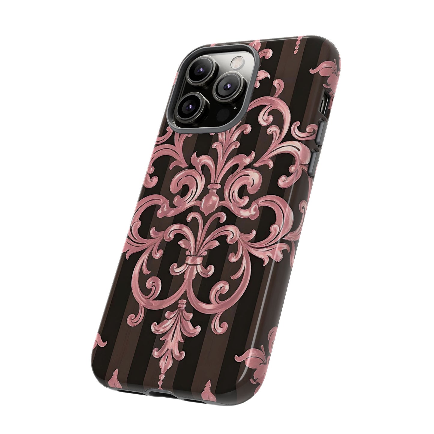 Elegant Floral Motif Phone Case - Tough Cases with Vintage Design - Brown Striped Mauve Damask
