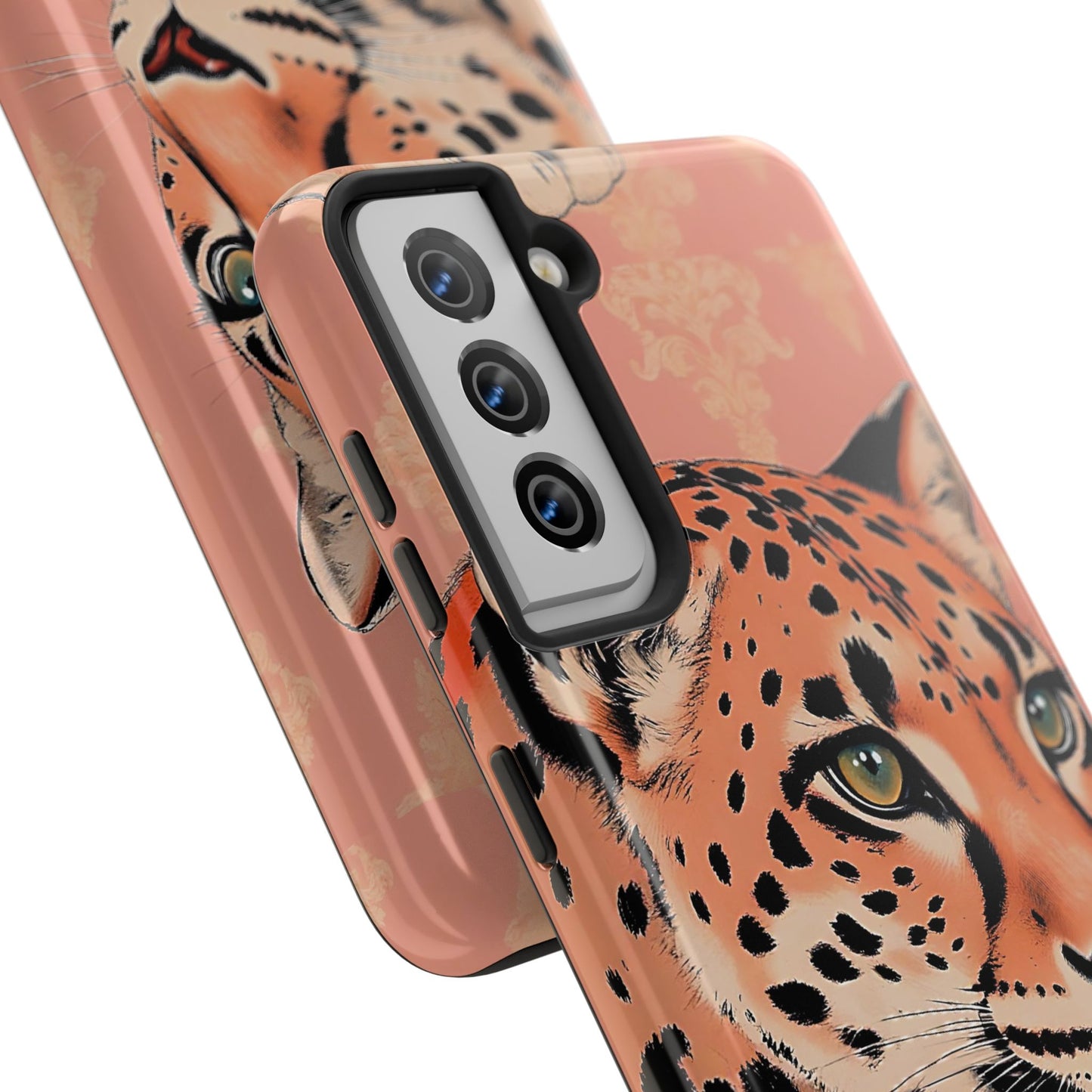 Leopard Tough Phone Case - Trendy Floral Motif Design for Animal Lovers - Peach Leopard & Damask