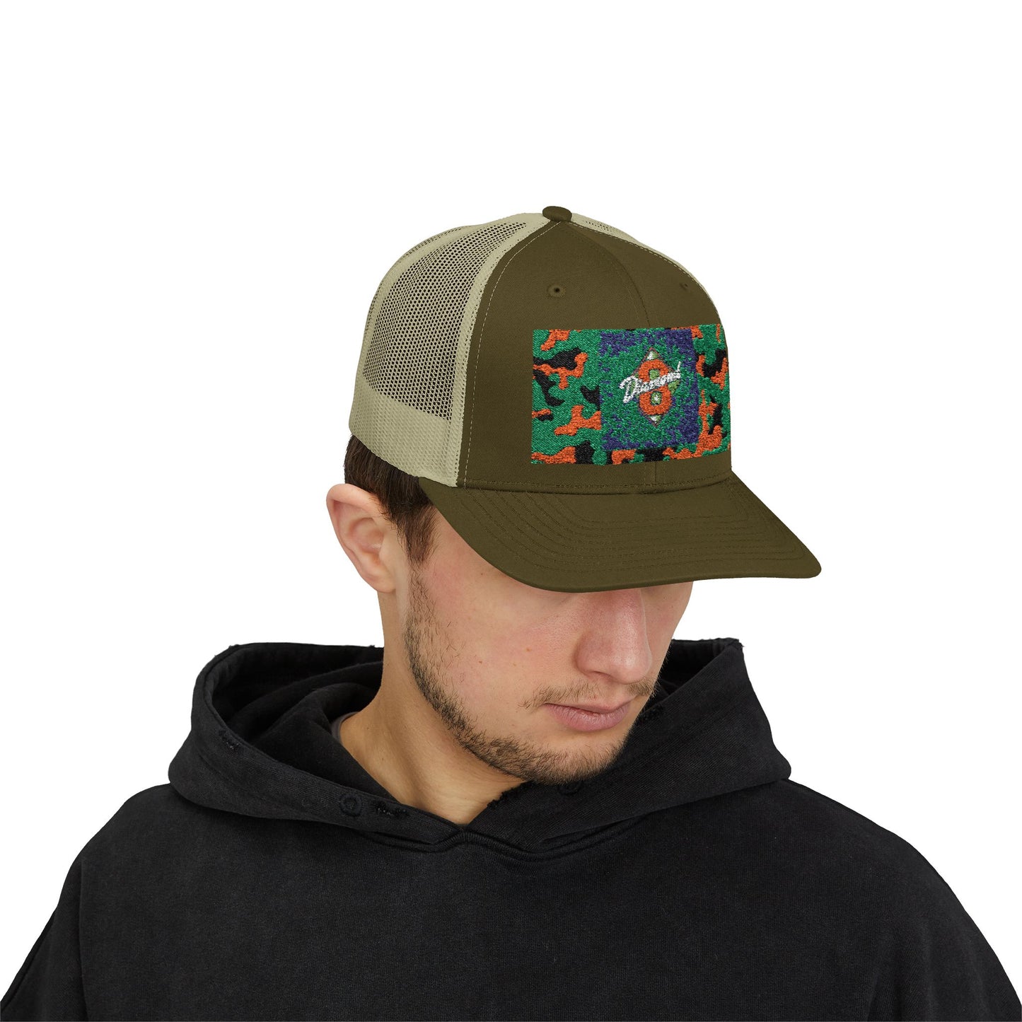 Colorful Camouflage Snapback Trucker Cap, Casual Hat, Outdoor Gear, Unisex Headwear, Gift for Him/Her - Green & Orange Camo Diamond 8