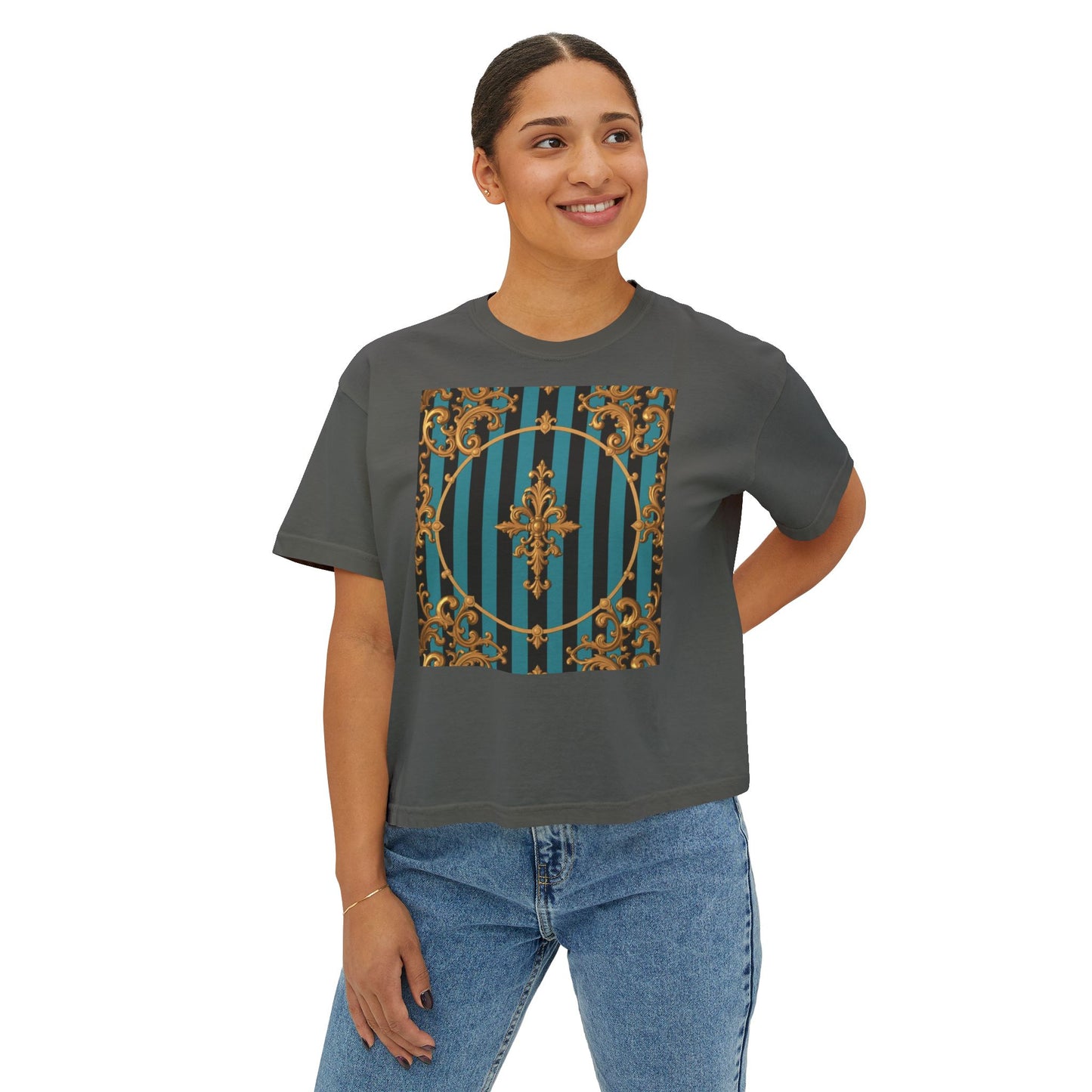 Chic Turquoise & Black Striped Gold Baroque Women's Boxy Tee with Vintage Inspired Design, Perfect for Casual Outings