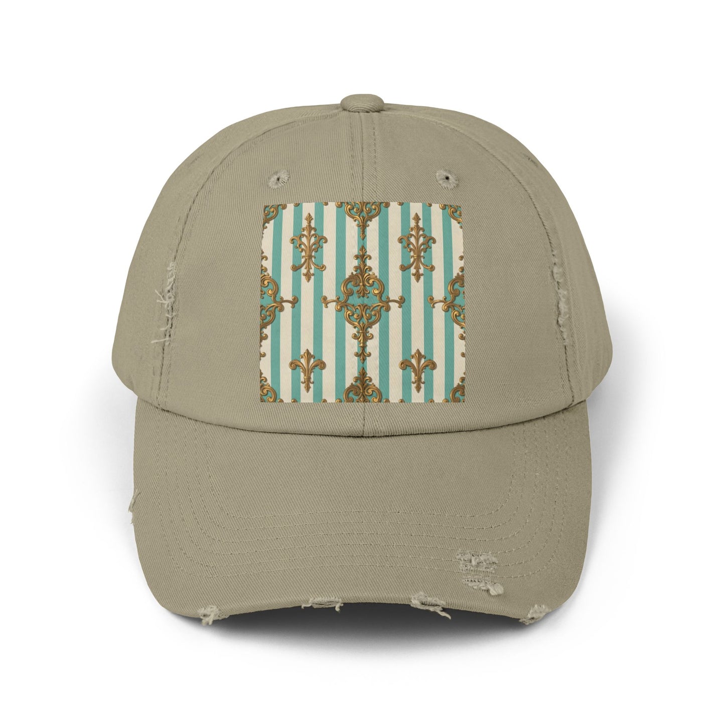 Stylish Unisex Distressed Cap with Vintage Pattern, Casual Hat for Everyday Wear, Gift for Birthdays - Matte Green Striped Rococo