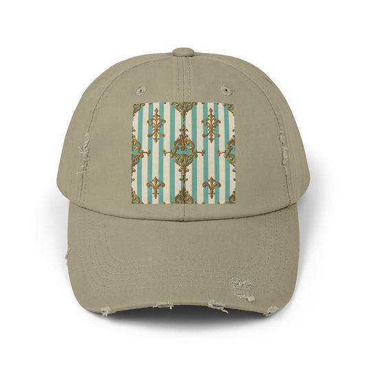 Stylish Unisex Distressed Cap with Vintage Pattern, Casual Hat for Everyday Wear, Gift for Birthdays - Matte Green Striped Rococo